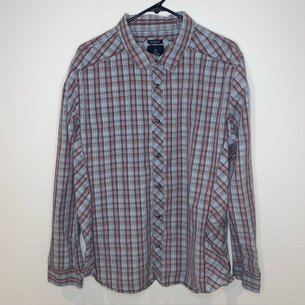 Prana Slim Fit Button Up Long Sleeve Shirt Mens XL Pearl Snap Maroon Blue Plaid
